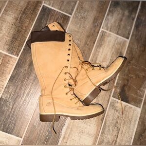 Timberland Women's Tan Lace-Up Leather Boots with Dark Brown Cuff